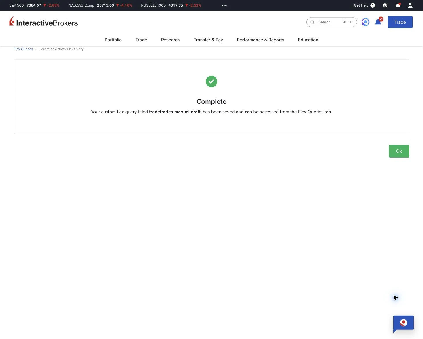 IBKR confirmation that the Flex Query was saved