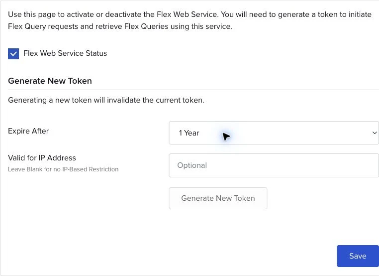 IBKR Flex Web Service token form with one year expiry selected